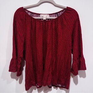 Michael Kors Red Blouse with Black Flowers and Ruffle Sleeves
